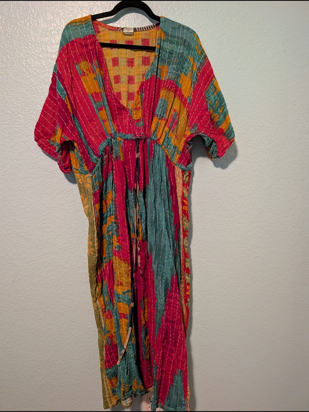 Bohemian Kantha Tie-Waist Maxi Dress in Teal, Pink & Yellow